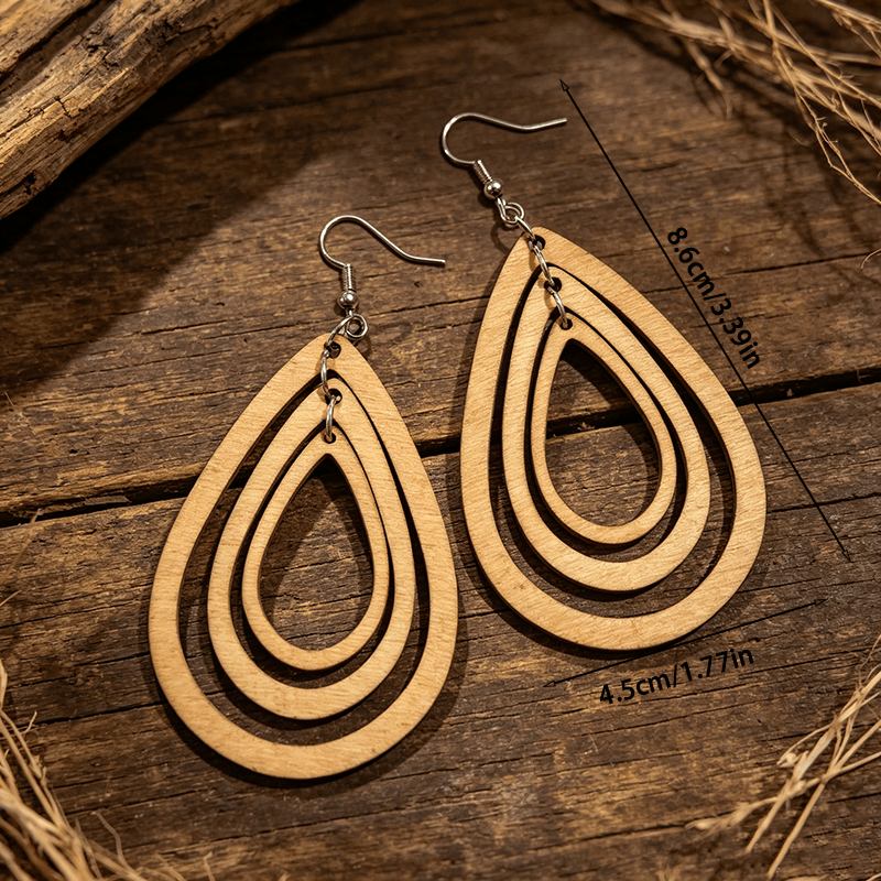 Bohemian Style 3-Layer Water Drop Wooden Earrings, Casual Chic